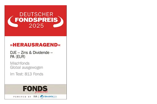 Der DJE - Zins und Dividende (PA) wurde mit dem Deutschen Fondspreis 2025 von Fonds professionell ausgezeichnet.