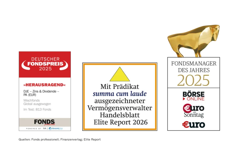 DJE wurde in diesem Jahr unter anderem mit dem Deutschen Fondspreis für den Fonds DJE - Zins und Dividende, mit dem Fondsmanager des Jahres-Award sowie als Vermögensverwalter mit dem Prädikat summa cum laude im Handelsblatt Elite Report ausgezeichnet.