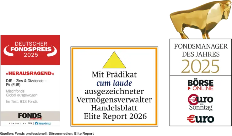DJE wurde in diesem Jahr unter anderem mit dem Deutschen Fondspreis für den Fonds DJE - Zins und Dividende, mit dem Fondsmanager des Jahres-Award sowie als Vermögensverwalter mit dem Prädikat summa cum laude im Handelsblatt Elite Report ausgezeichnet.