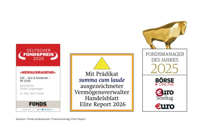 DJE wurde in diesem Jahr unter anderem mit dem Deutschen Fondspreis für den Fonds DJE - Zins und Dividende, mit dem Fondsmanager des Jahres-Award sowie als Vermögensverwalter mit dem Prädikat summa cum laude im Handelsblatt Elite Report ausgezeichnet.