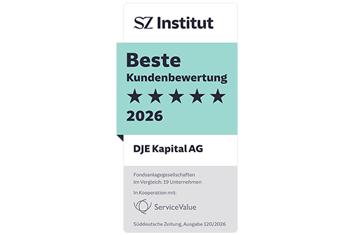 Auszeichnung Top Kundenbewertung 2026 für die DJE Kapital AG von ServiceValue und dem SZ Institut