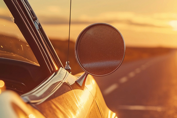 Auto auf einer einsamen Straße unterwegs Richtung Sonnenuntergang mit Fokus auf den Seitenspiegel