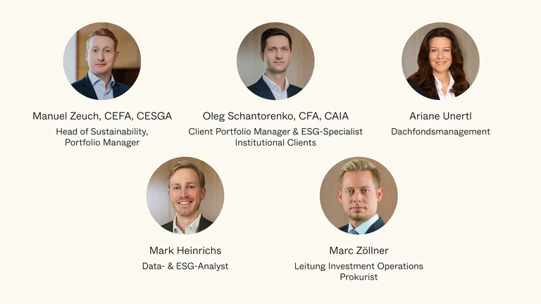 Das ESG-Gremium von DJE besteht aus Manuel Zeuch (CEFA, CESGA, Head of Sustainability & Portfoliomanager), Oleg Schantorenko (CFA, CAIA, Client Portfolio Manager & ESG-Specialist Institutional Clients), Ariane Unertl (Dachfondsmanagement), Mark Heinrichs (Data- & ESG-Analyst) sowie Marc Zöllner (Leitung Investment Operations sowie Prokurist).