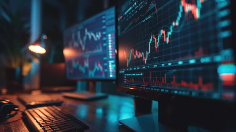 Zwei Monitore zeigen Börsenkurse mit Candlestick-Charts in einem abgedunkelten Trading-Arbeitsplatz.